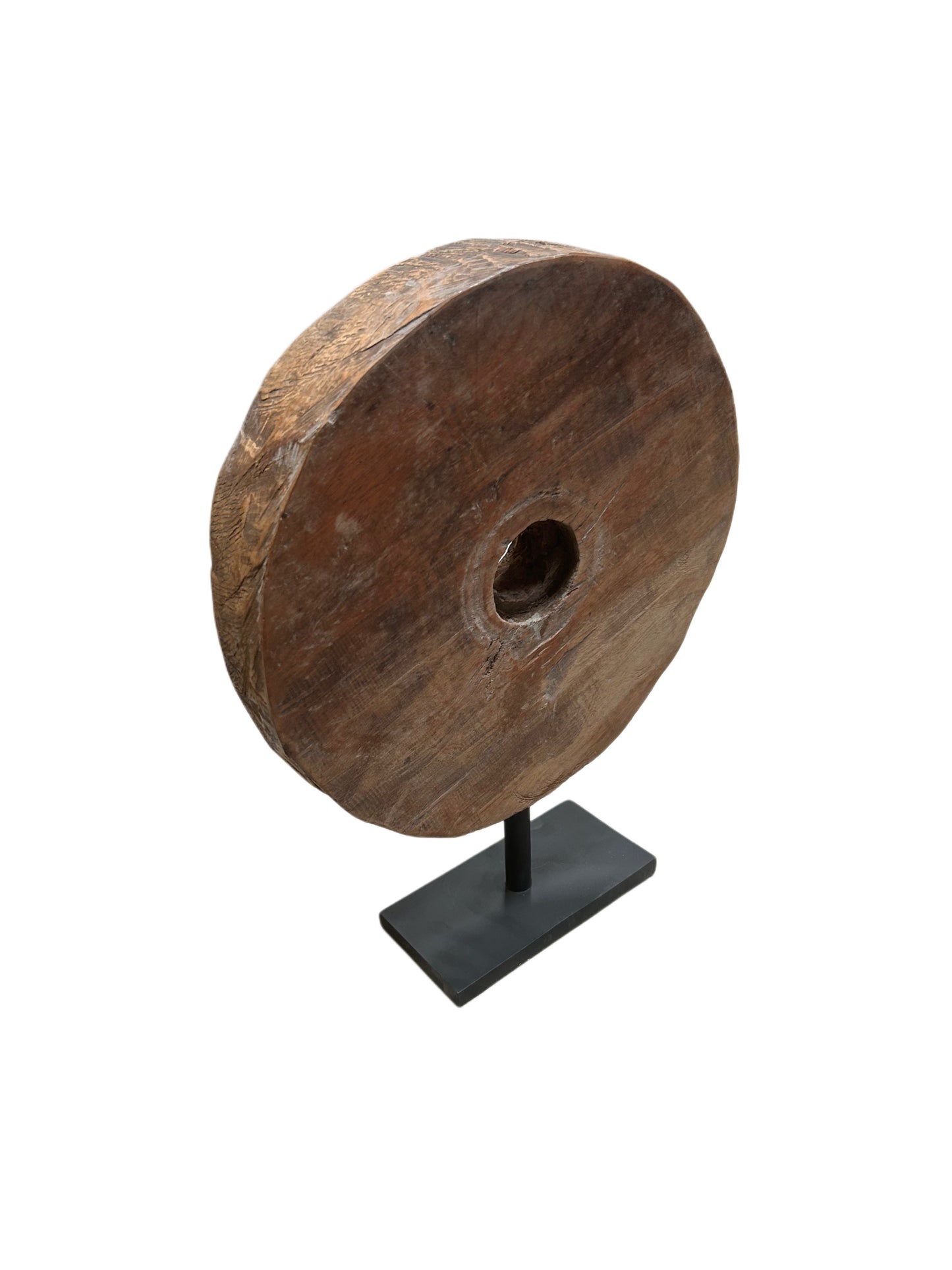 VINTAGE WOOD WHEEL SCULPTURE ON STAND - Small