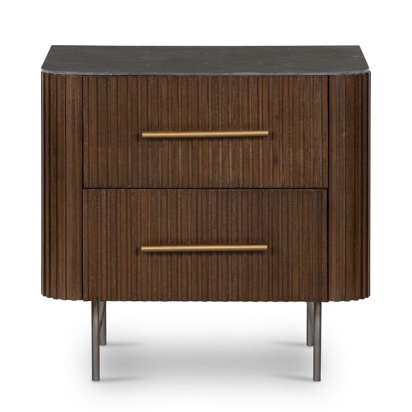 Fluted Oak & Stone Nightstand - Dark Brown