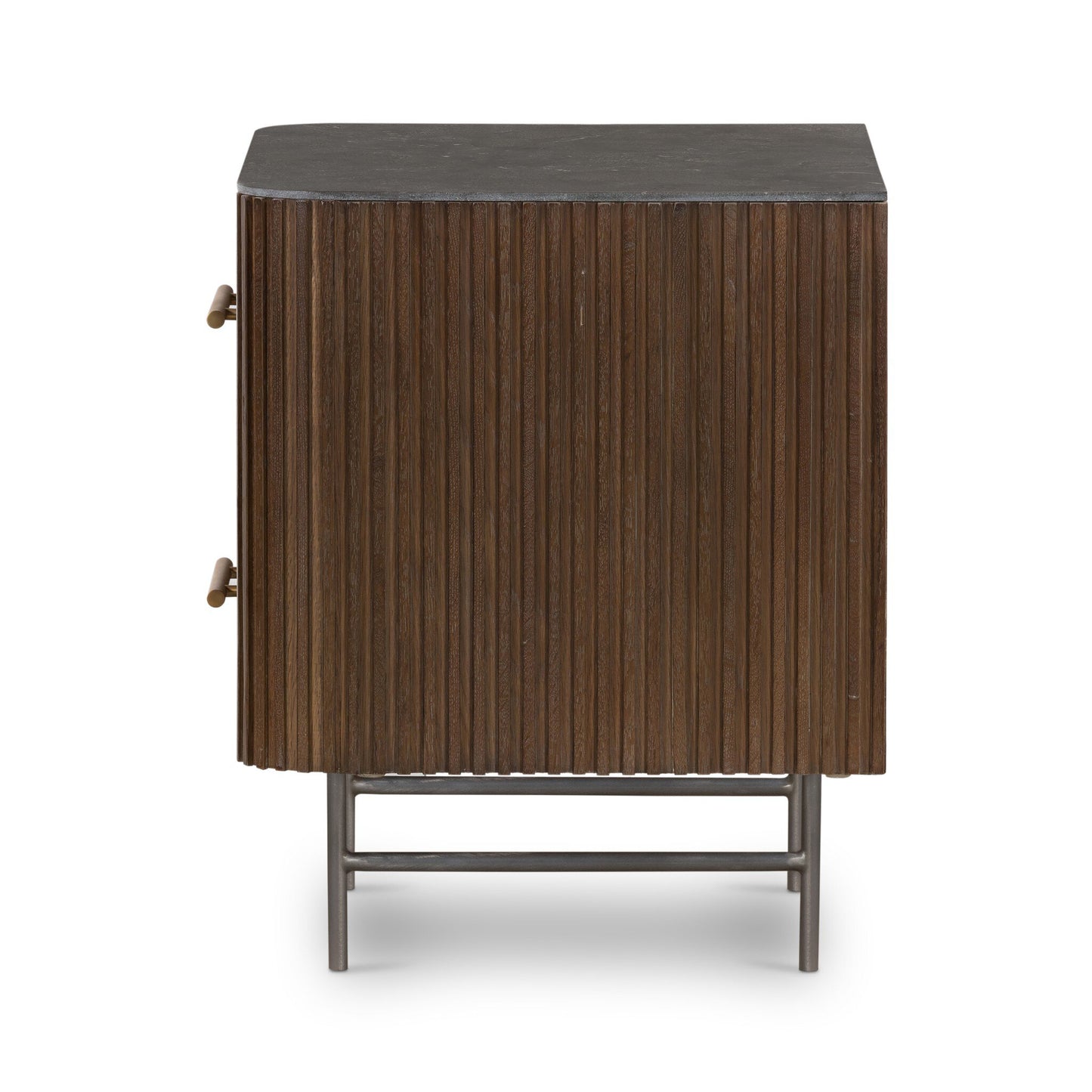 Fluted Oak & Stone Nightstand - Dark Brown