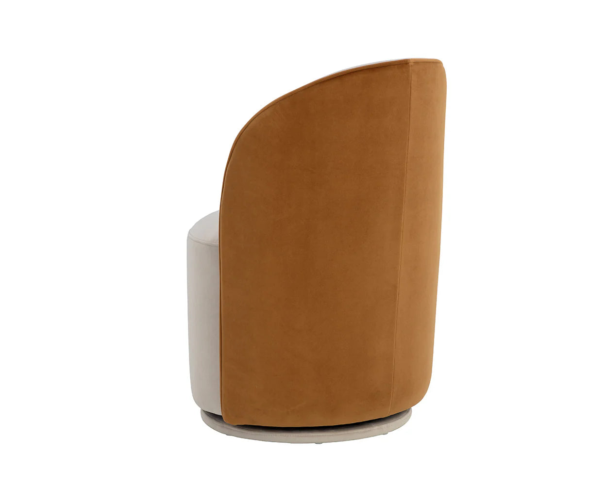 Side view of the Taupe|Gold Swivel Dining Chair with a beige fabric seat and contrasting tan suede-like backrest, upholstered for comfort, set against a white background.