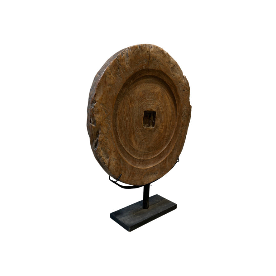 VINTAGE WOOD WHEEL SCULPTURE ON STAND - Large