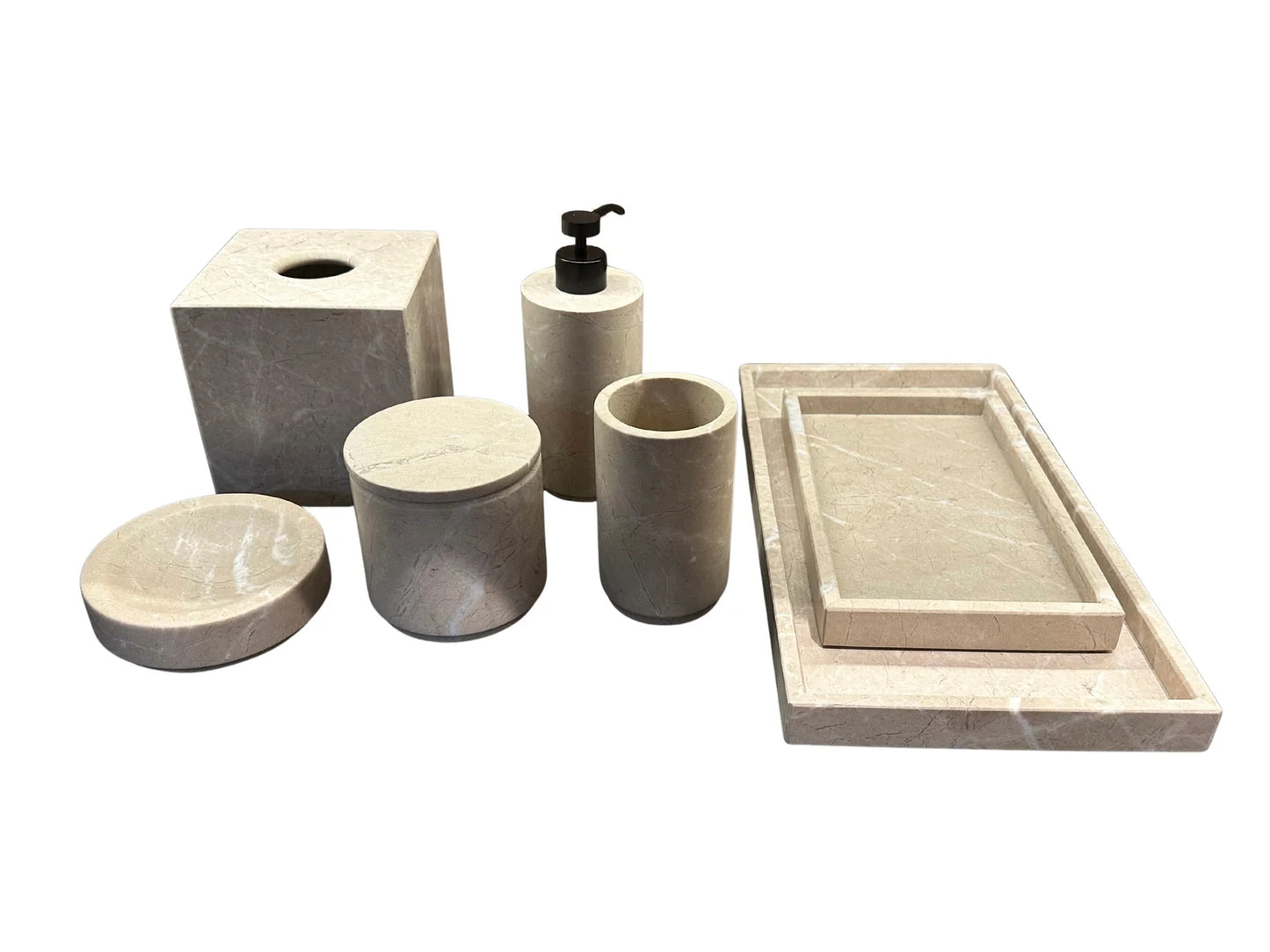 The Bathroom Set - Stone Beige, featuring a tissue box, soap dispenser, tray, tumbler, soap dish, and two lidded containers, is displayed on a white background.