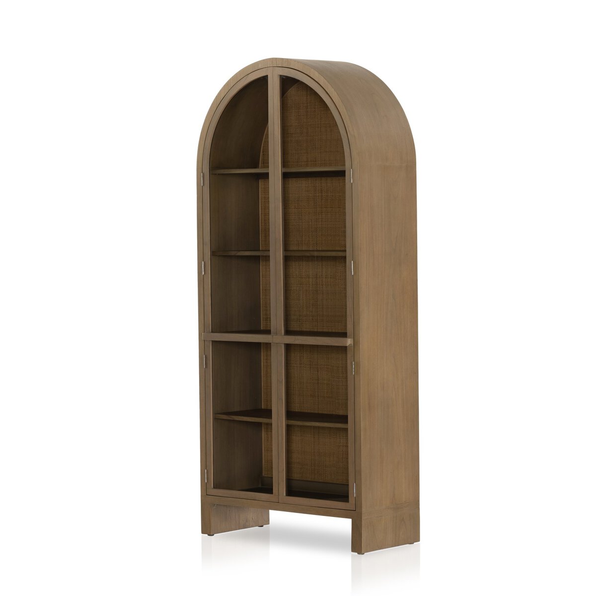 The Woven Arched Cabinet features an arched top, open shelves, natural finish, and a symmetrical design with vertical and horizontal dividers for stylish storage.