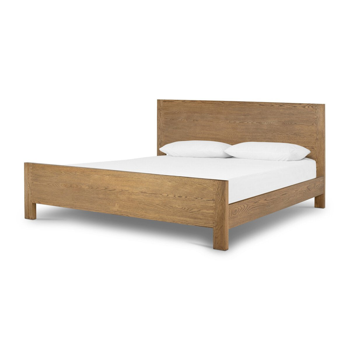 The Tawny Oak Bedframe is a wooden queen size bed with a simple design, featuring a rectangular headboard and footboard, topped with a white mattress and two white pillows.