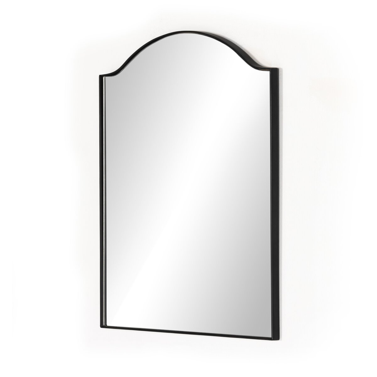The Jacques Mirror features a wall-mounted, rectangular design with an arched top and black metal frame, shown against a plain white background. Dimensions: 38.00"w x 40.00"h.