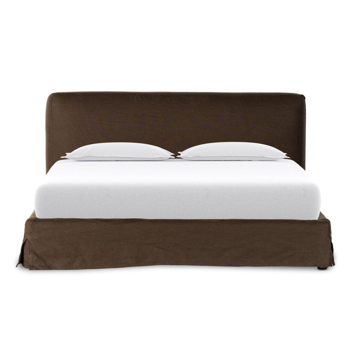 The Aidan Slipcover Bed is a brown upholstered king bed featuring a simple headboard, two white pillows, a white mattress with a brown bed skirt, all shown on a white background. Its overall dimensions provide a spacious sleeping area.