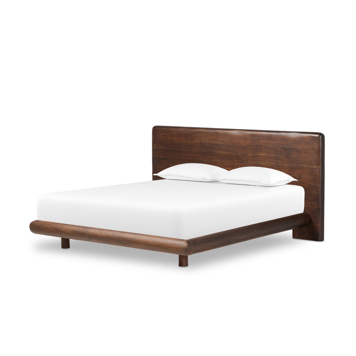 The Brown Acacia Bedframe is a modern wooden queen bed with a dark brown finish, rounded headboard and base, topped with a white mattress and two white pillows.