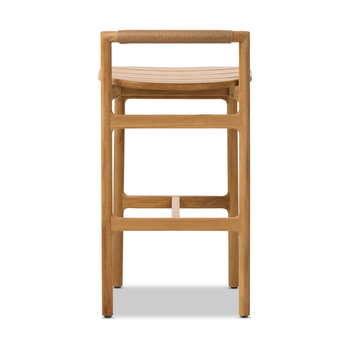 The Teak Corded Lowback Outdoor Bar Stool features a natural teak finish, straight legs, a square seat, and a backrest wrapped in cord, shown from the front view.