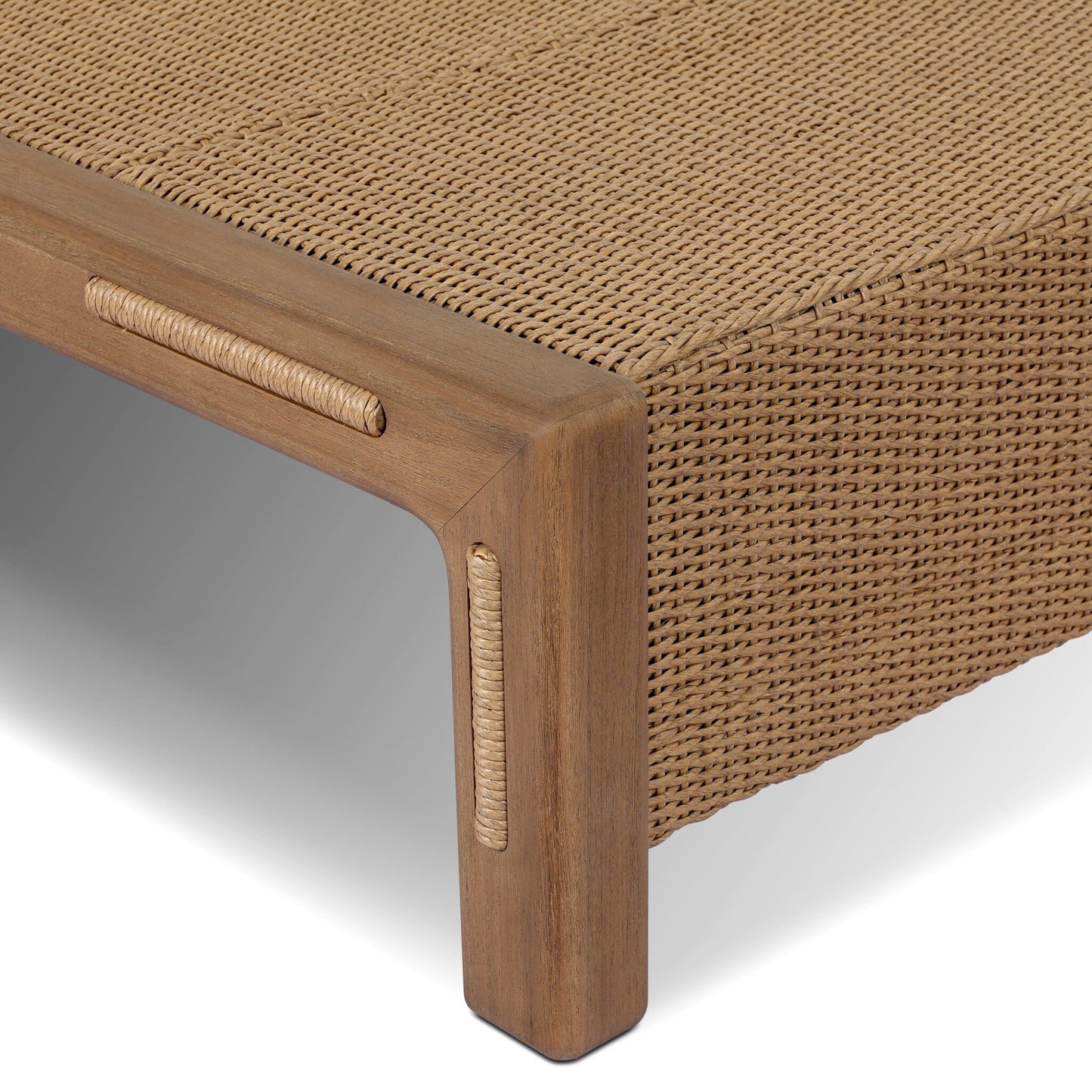 Close-up of the FSC-Certified Teak Woven Slats Outdoor Coffee Table, showcasing its wooden frame, integrated rope detail, mock-slat design, and fine craftsmanship against a white background.