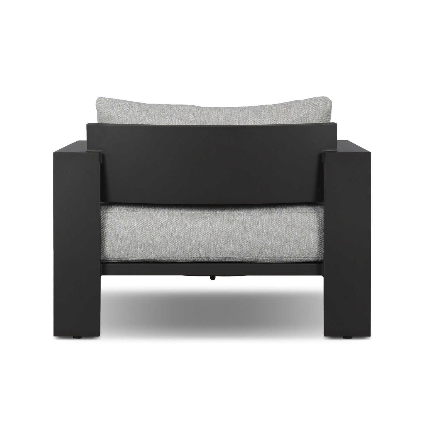 The Aluminum Angular Accent Outdoor Chair features a thick black rectangular frame and light gray cushions. Its minimalist design, sturdy look, and impressive dimensions make it a standout piece when viewed from the back.