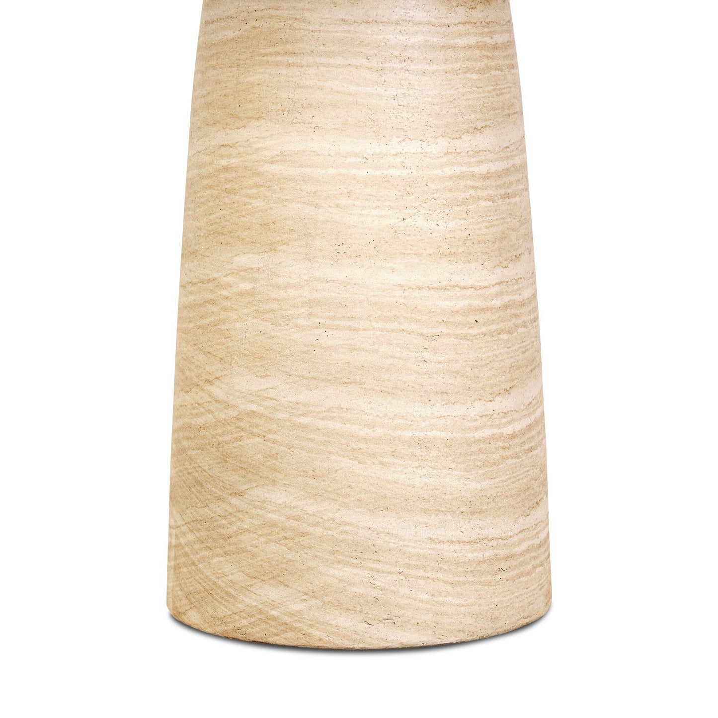 The image shows the lower portion of the Concrete Travertine Look | Bistro Table, featuring a beige cylindrical base with a smooth surface and natural horizontal striations, set against a plain white background.