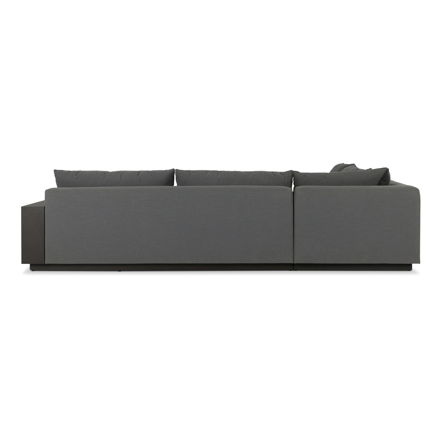 Side view of the Acrylic & Metal Framing | Wide Outdoor Sectional, featuring a modern gray L-shaped design with luxurious upholstery, low back cushions, and a sleek, minimalist look.