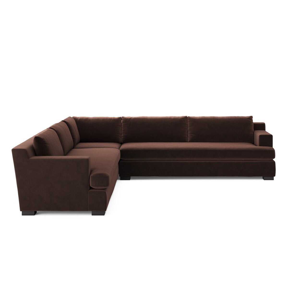 The Block Arm Modular Sectional is an L-shaped sofa for your living room, featuring dark brown fabric upholstery, clean lines, wide armrests, plush cushions, and short block-style legs.