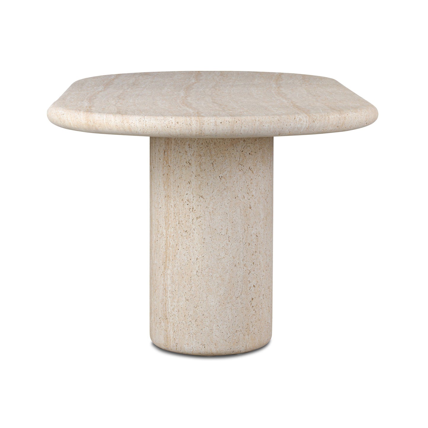 The Textured Concrete Double Pedestal Outdoor Dining Table features a round, beige design with a smooth, polished surface and thick double pedestal base, shown here beautifully on a white background.