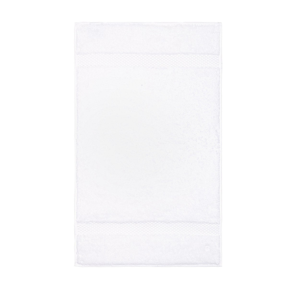 The Yves Delorme Bath Towel, featuring textured bands near the top and bottom edges, is laid flat on a white background. Its crisp white rectangular design makes it perfect for use as guest towels or as part of chic towel sets.