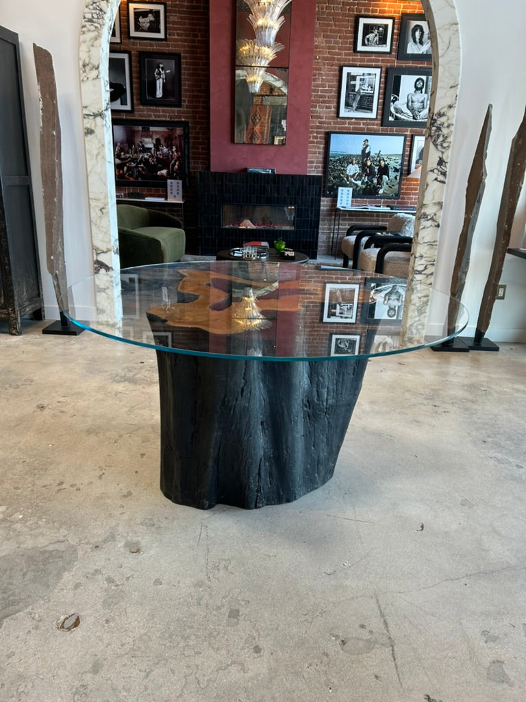 OLD GROWTH TEAK TRUNK TABLE WITH GLASS TOP