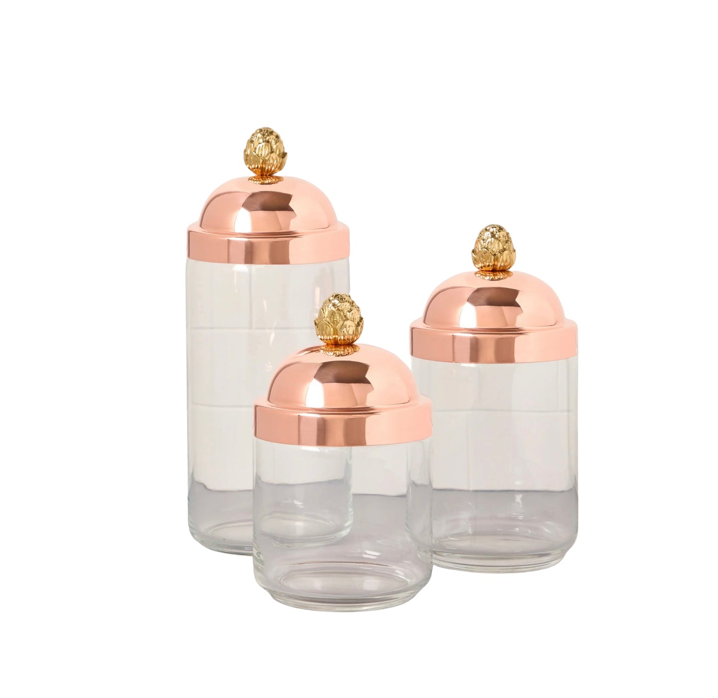 The Copper Lid Kitchen Jars Set includes 3 clear glass jars of different heights with shiny copper lids, each featuring a decorative gold knob, all elegantly displayed against a white background.