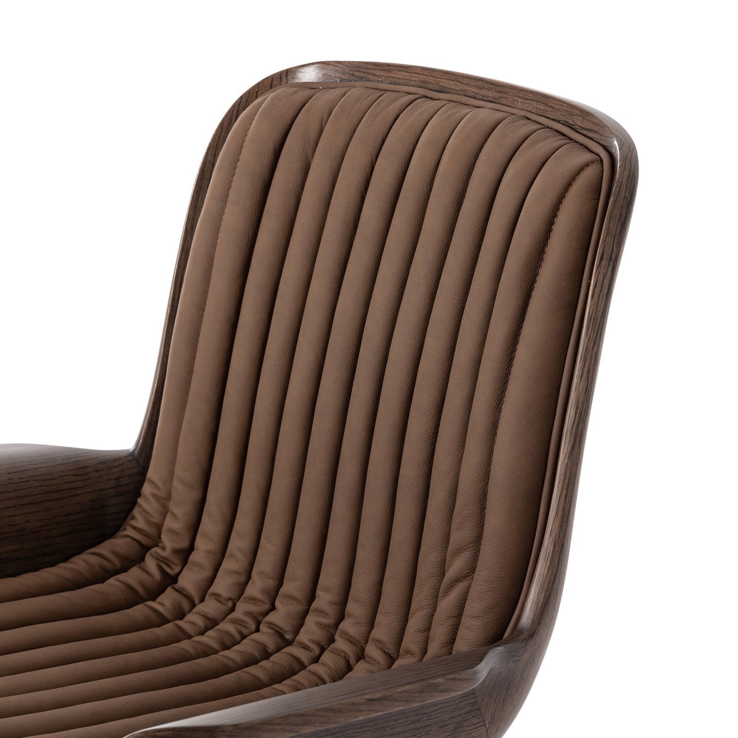 Close-up of the Frankie Desk Chair featuring vertical brown leather cushioning, a dark wooden frame, and a curved backrest; overall dimensions: 25.75"w x 27.00"d x 33.50"h.