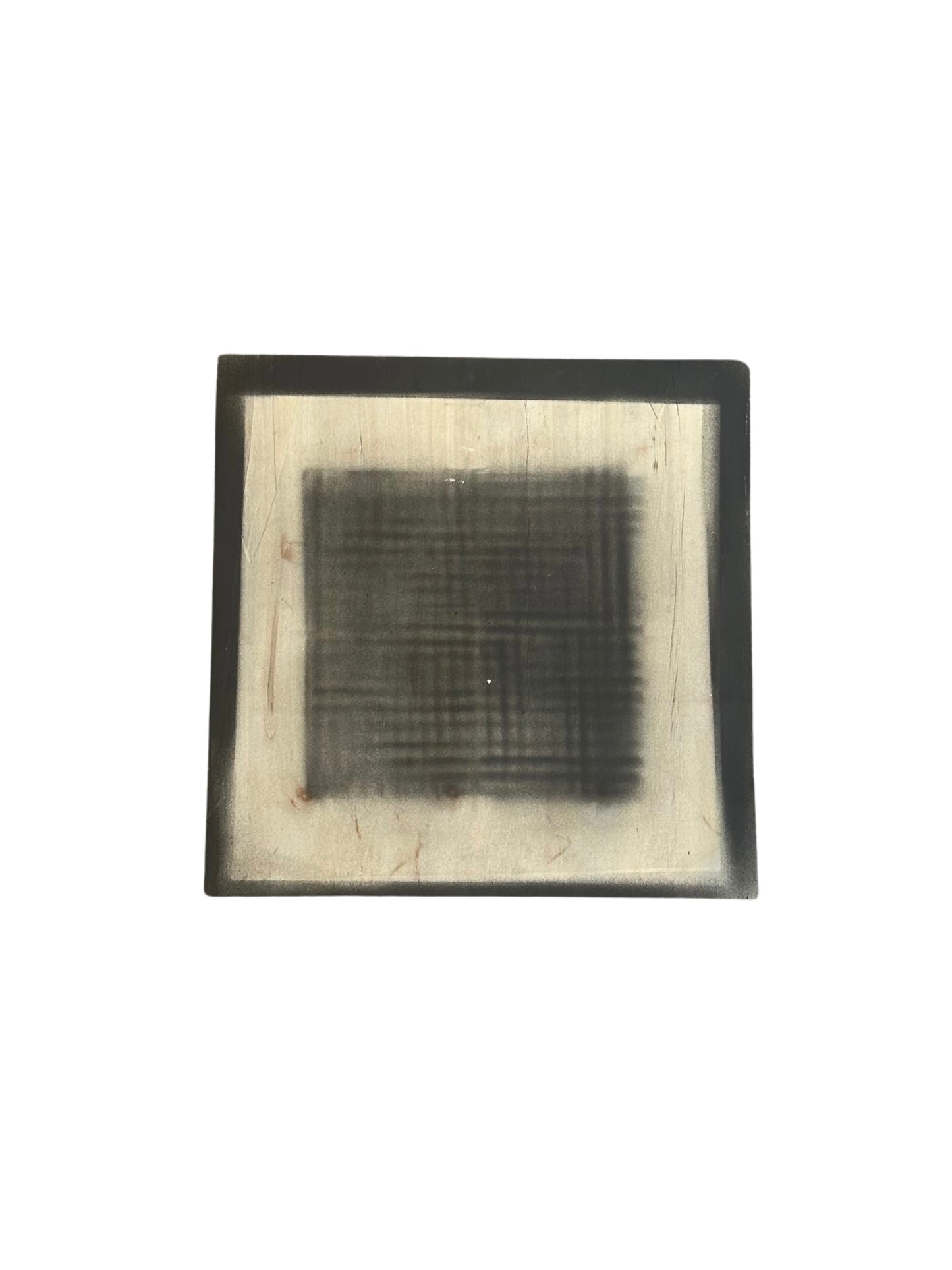 Spray Paint Wood Block #1 is a square canvas with a black border and intersecting dark lines in the center, creating an abstract, shadowy spray paint effect on a light background—ideal for modern wall decor.