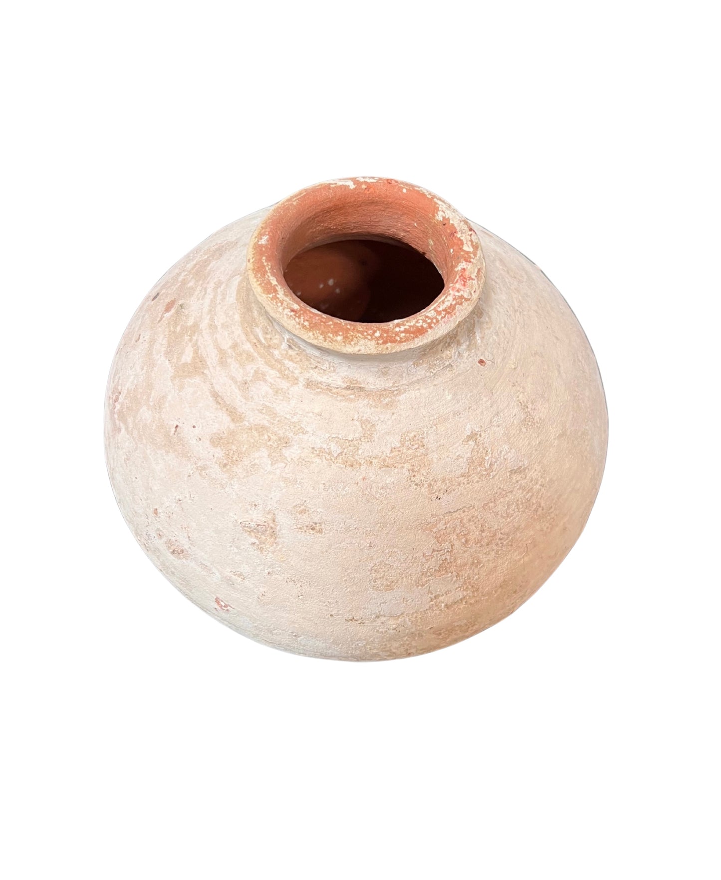 A Small Round Terracotta Vase with a wide opening, beige clay, a slightly textured surface, and subtle color variations is photographed on a white background.