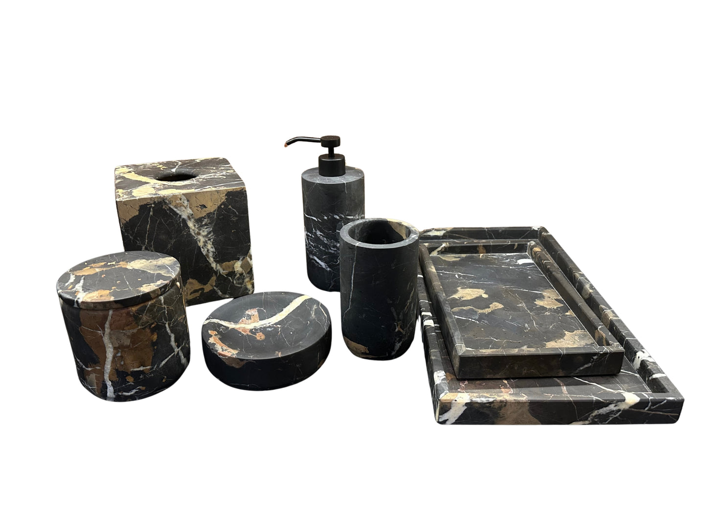 The Bathroom Set - Black Marble features trays, a soap dispenser, tumbler, tissue box cover, and storage containers with white and brown veining, elegantly displayed on a white background.