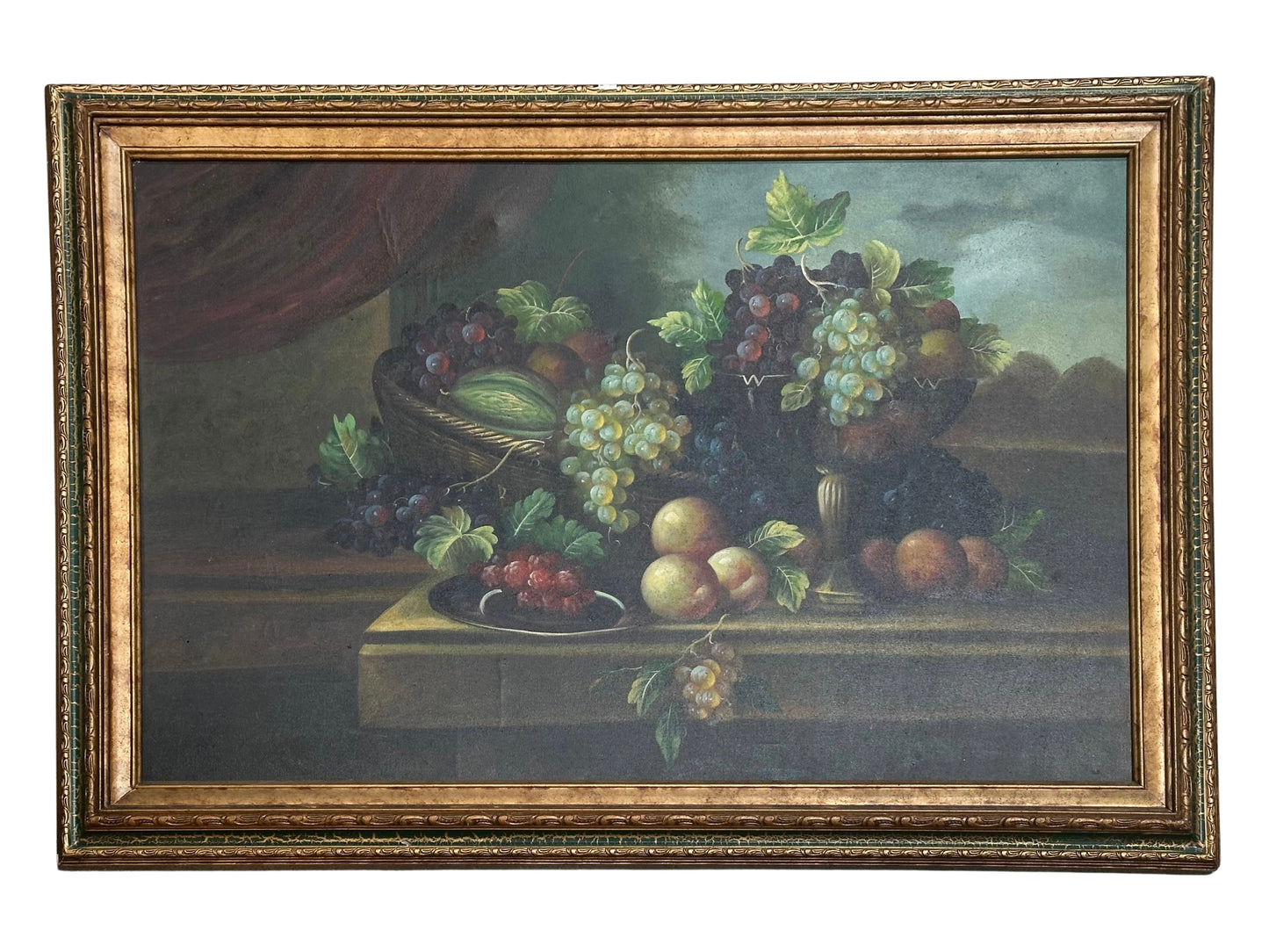 The "Fruit Bowl Painting" features grapes, peaches, and melons in baskets on a table, styled as a classic still life with a richly colored background—ideal for elegant fruit wall decor.