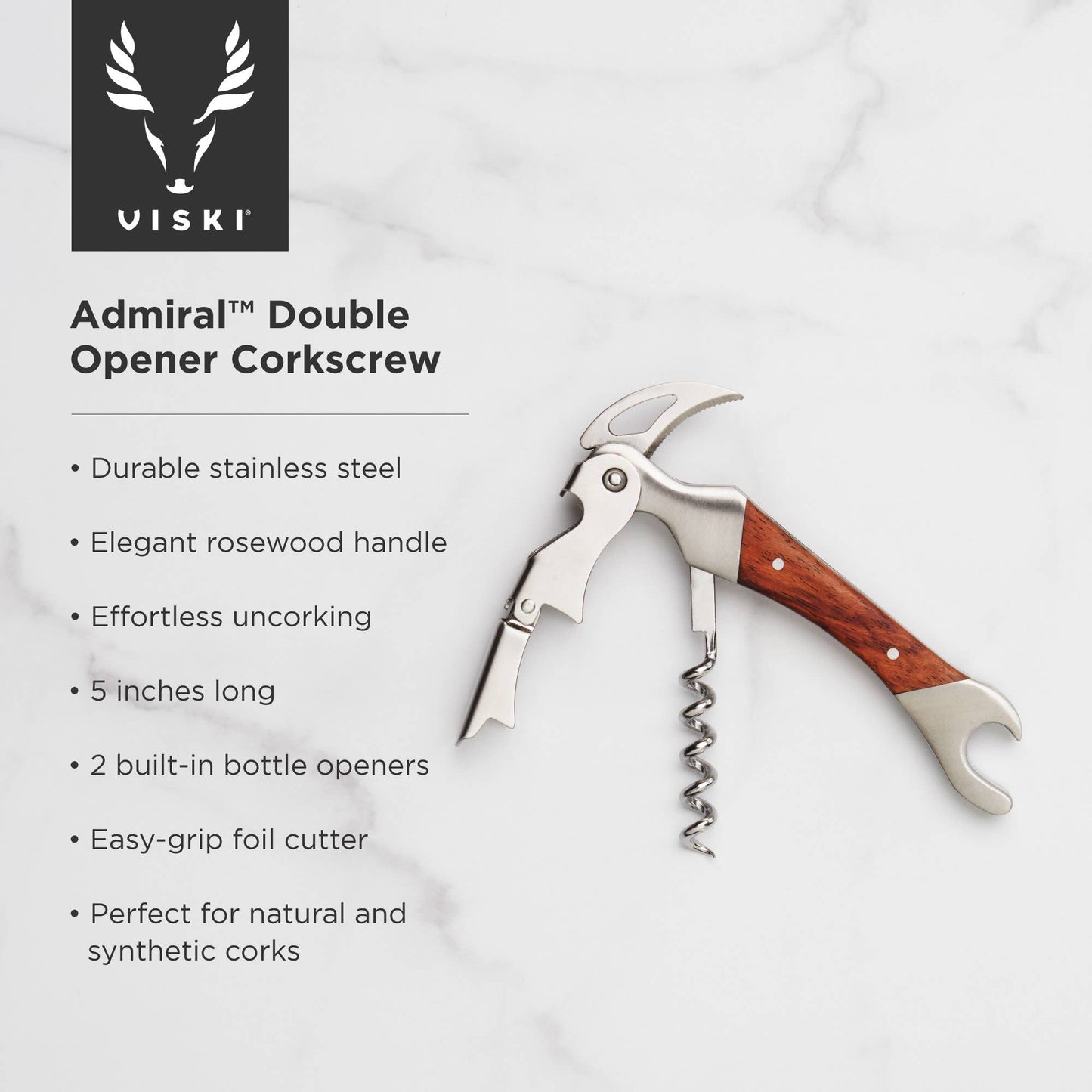 The Rosewood DoubleHinged Corkscrew and Foil Cutter, featuring stainless steel and a wood handle, is shown on marble. Text highlights effortless uncorking and compatibility with natural or synthetic corks.