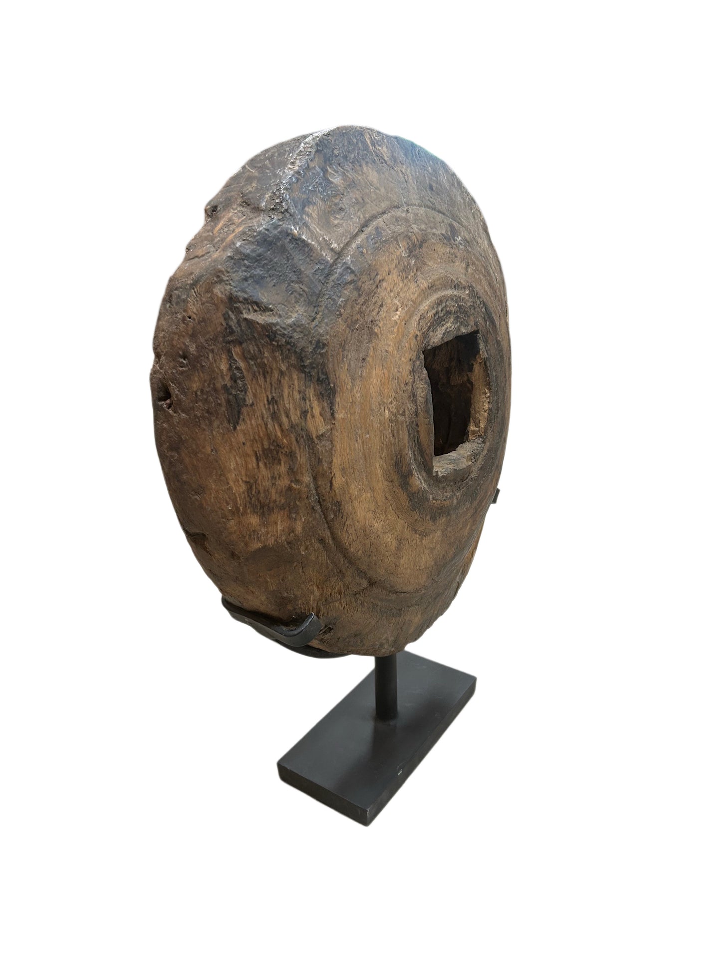 Notched Wood Disc Sculpture on Stand