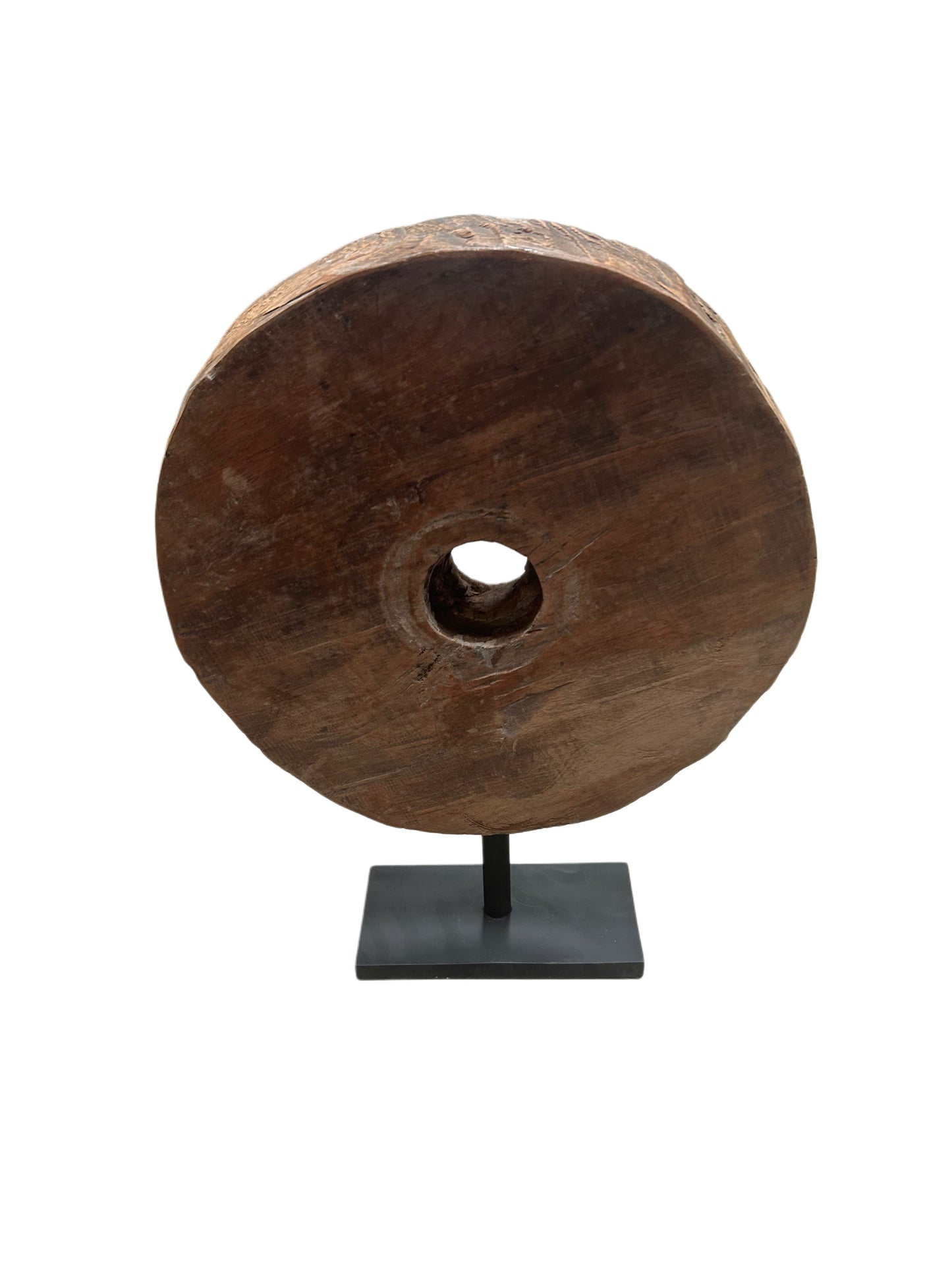 VINTAGE WOOD WHEEL SCULPTURE ON STAND - Small