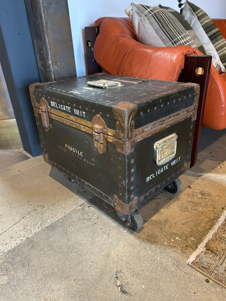 Vintage Leather Storage Trunk on Wheels