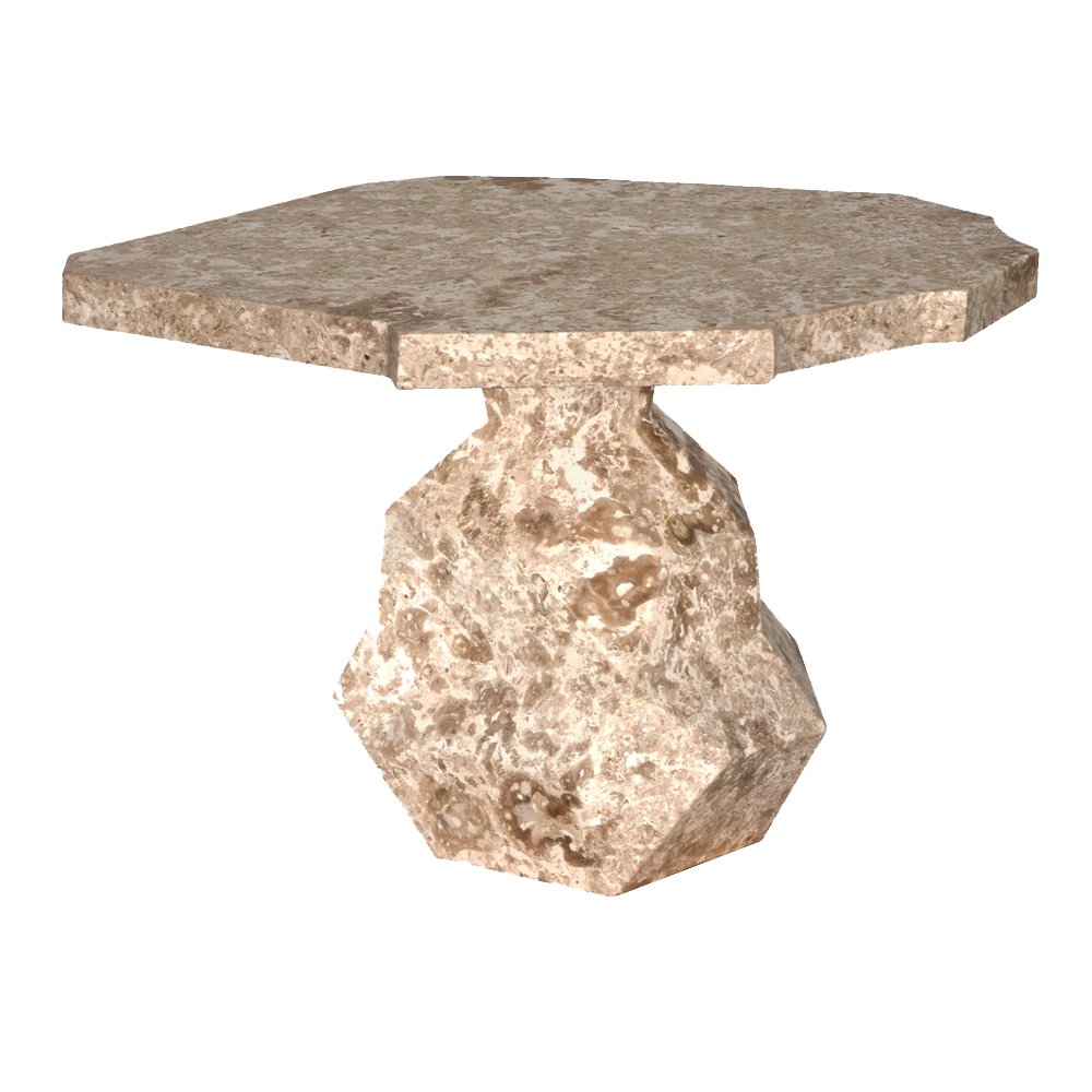The Rind Table features a hexagonal white marble top and thick, faceted pedestal base. Its sleek design is ideal for contemporary interiors, making a striking statement against any plain white background.