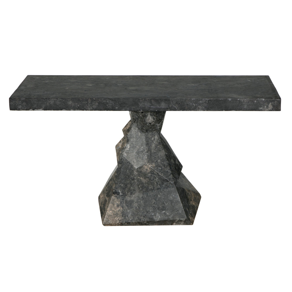 The Tilden Console, Black Marble features a rectangular black marble top and a faceted geometric pedestal base, bringing striking texture and modern elegance to any entryway.