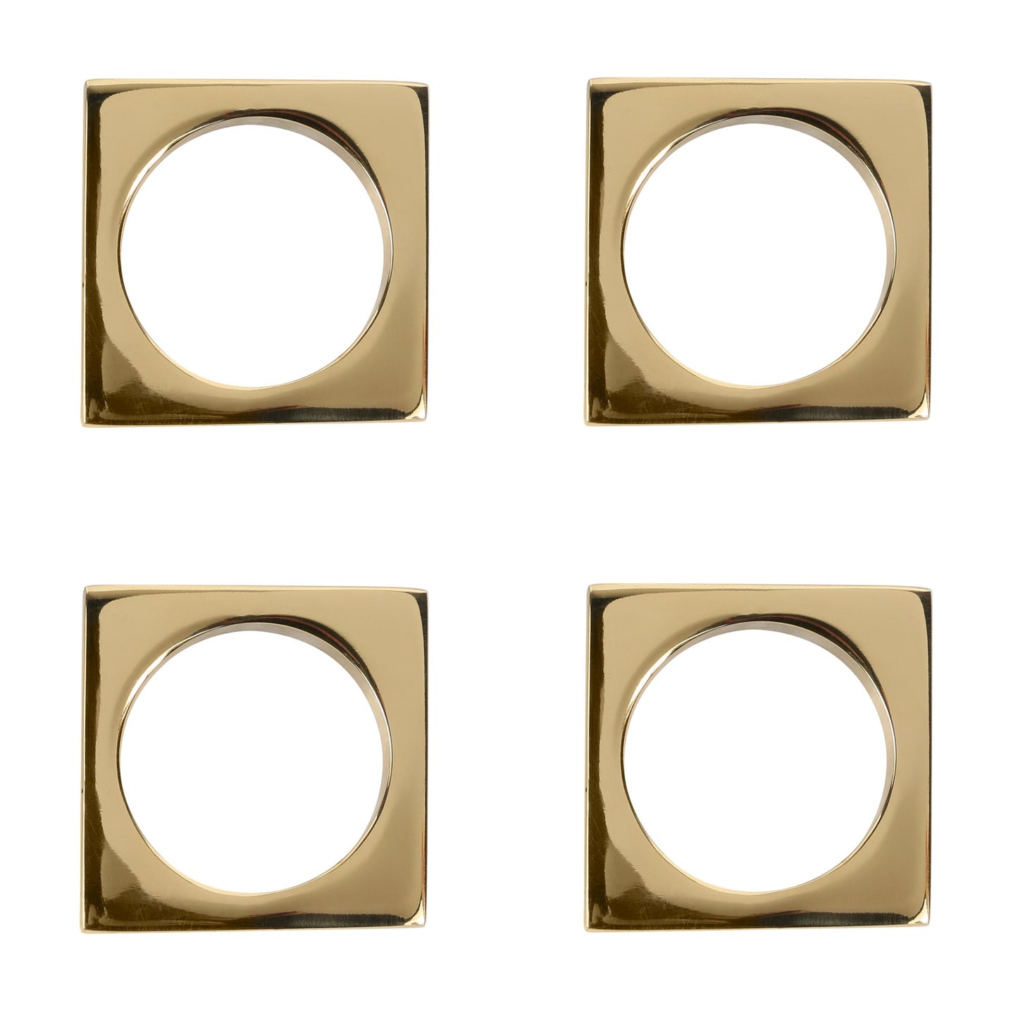 A set of two solid brass, square-shaped napkin rings with circular centers, displayed in a two-by-two grid on a white background.
