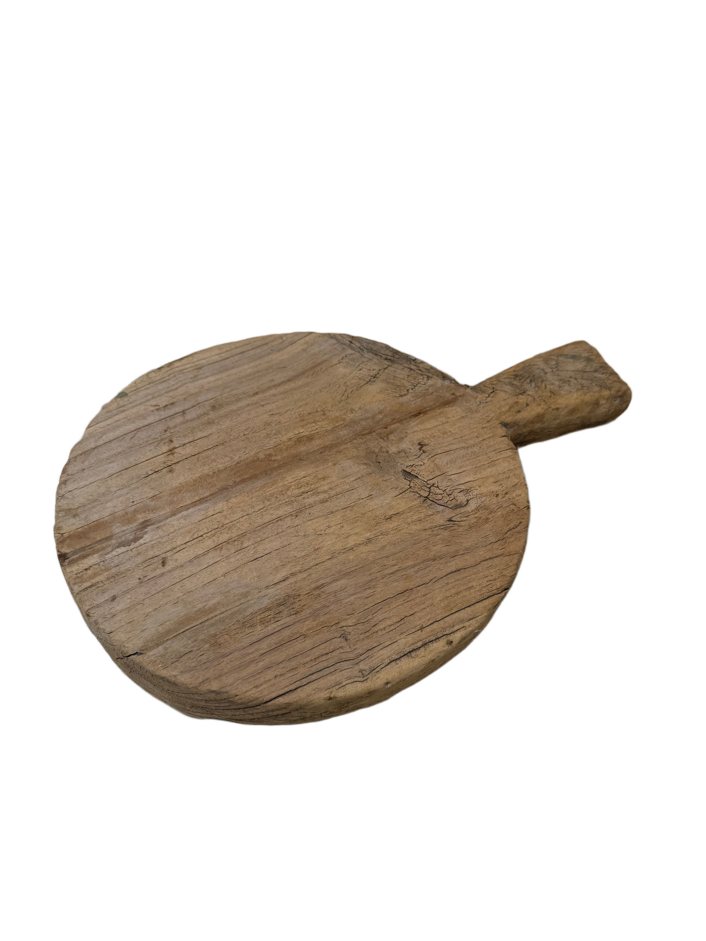 A Bleached Wood Riser with Handle, featuring a round shape, rustic finish, and visible wood grain with hints of surface wear, rests on a white background next to a classic cookie sheet, creating an inviting scene for baking and food prep.