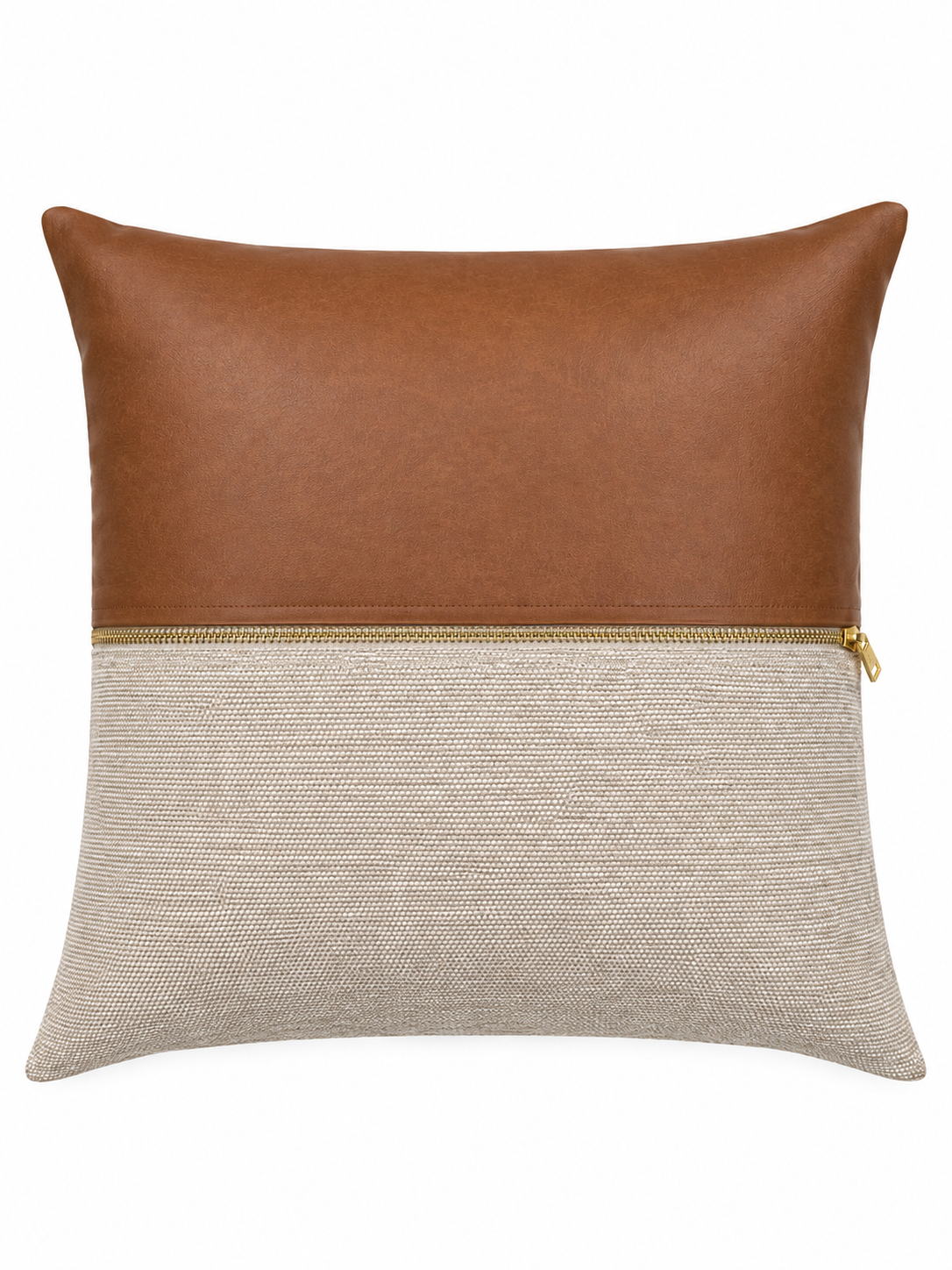 The Half and Half Zipper Pillow is an 18-inch square decorative cushion, featuring a brown leather top half and a beige woven fabric bottom half, elegantly divided by a gold zipper across the center.