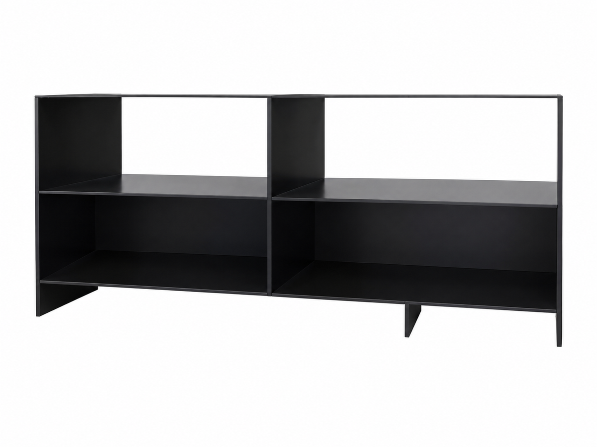 The Tinted Steel Bookshelf is a black, modern minimalist metal unit with four open compartments and a solid base, doubling as a sleek 51″W TV stand against a plain white background.