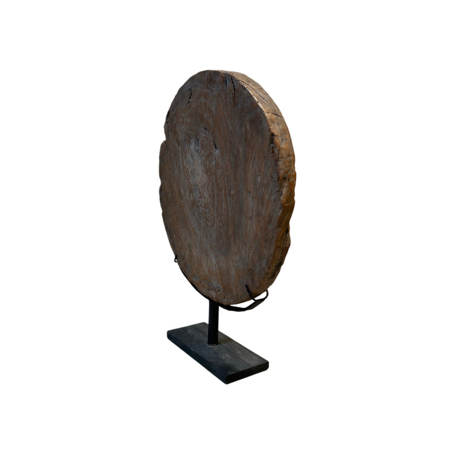 VINTAGE WOOD WHEEL SCULPTURE ON STAND - Large