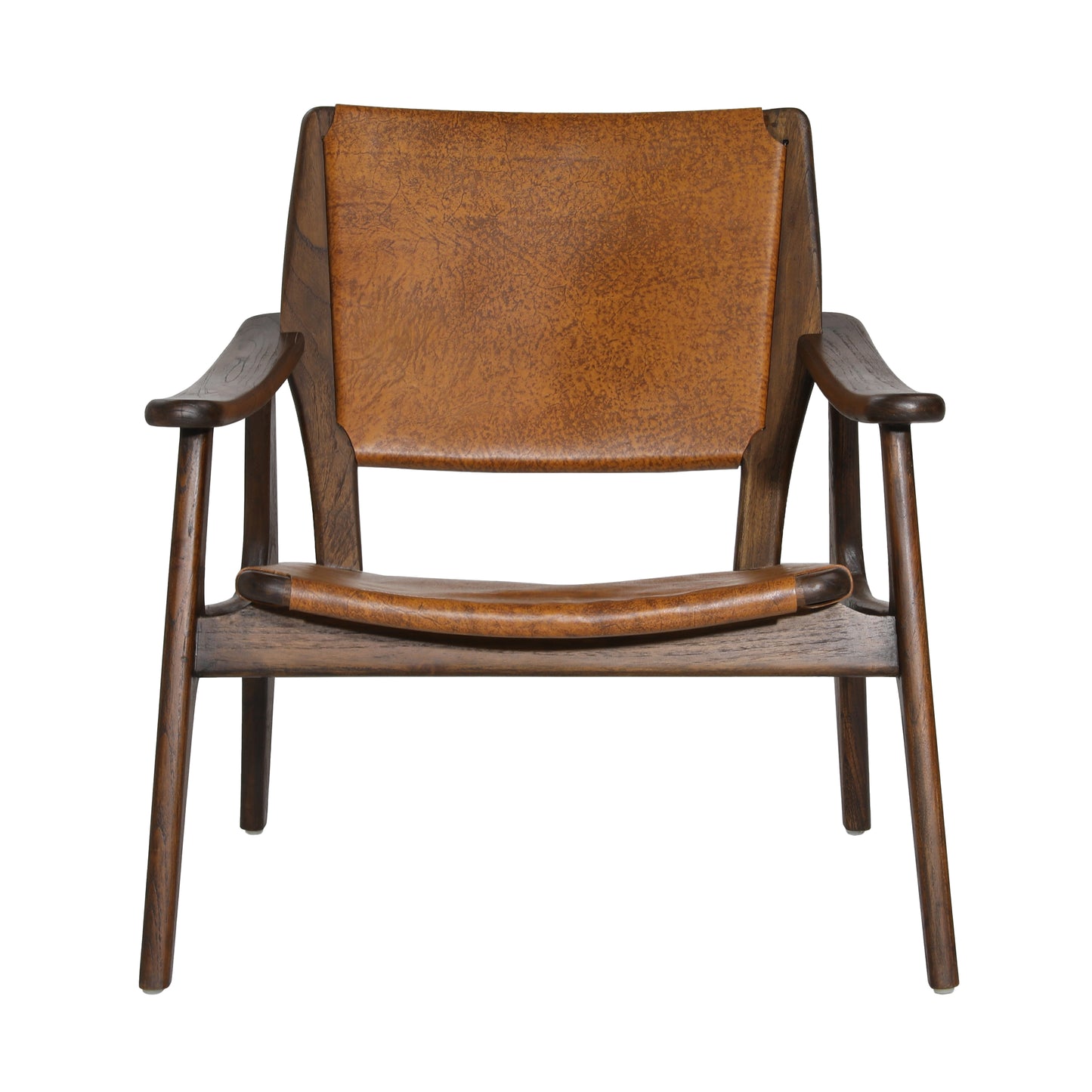 Worn Brown Leather & Wood Accent Chair