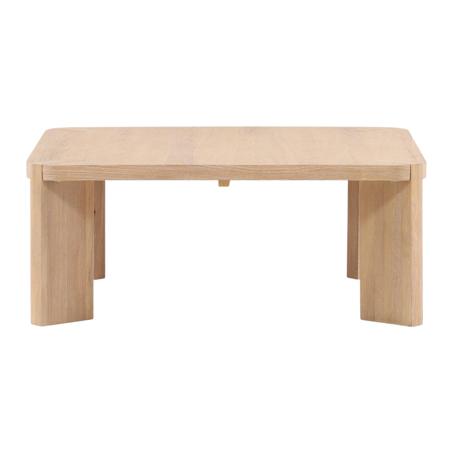 The Solid Oak Minimalist Coffee Table features a rectangular shape, light natural finish, sturdy thick legs, and a simple, minimalist design.