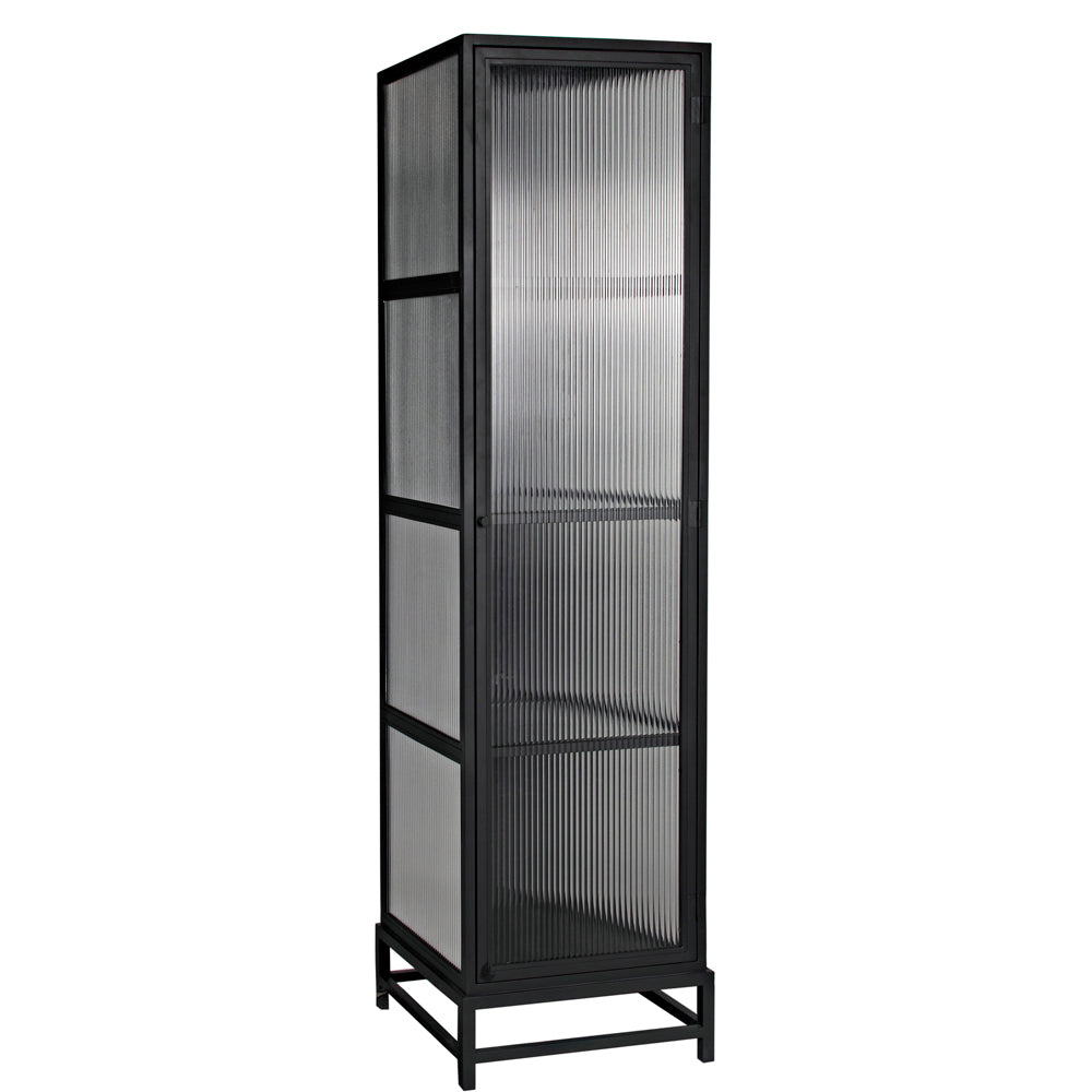 The Chandler Tall Cabinet, crafted from black iron, features ribbed glass panels on the doors and sides, stands on four legs, and displays visible shelving inside for an industrial look.