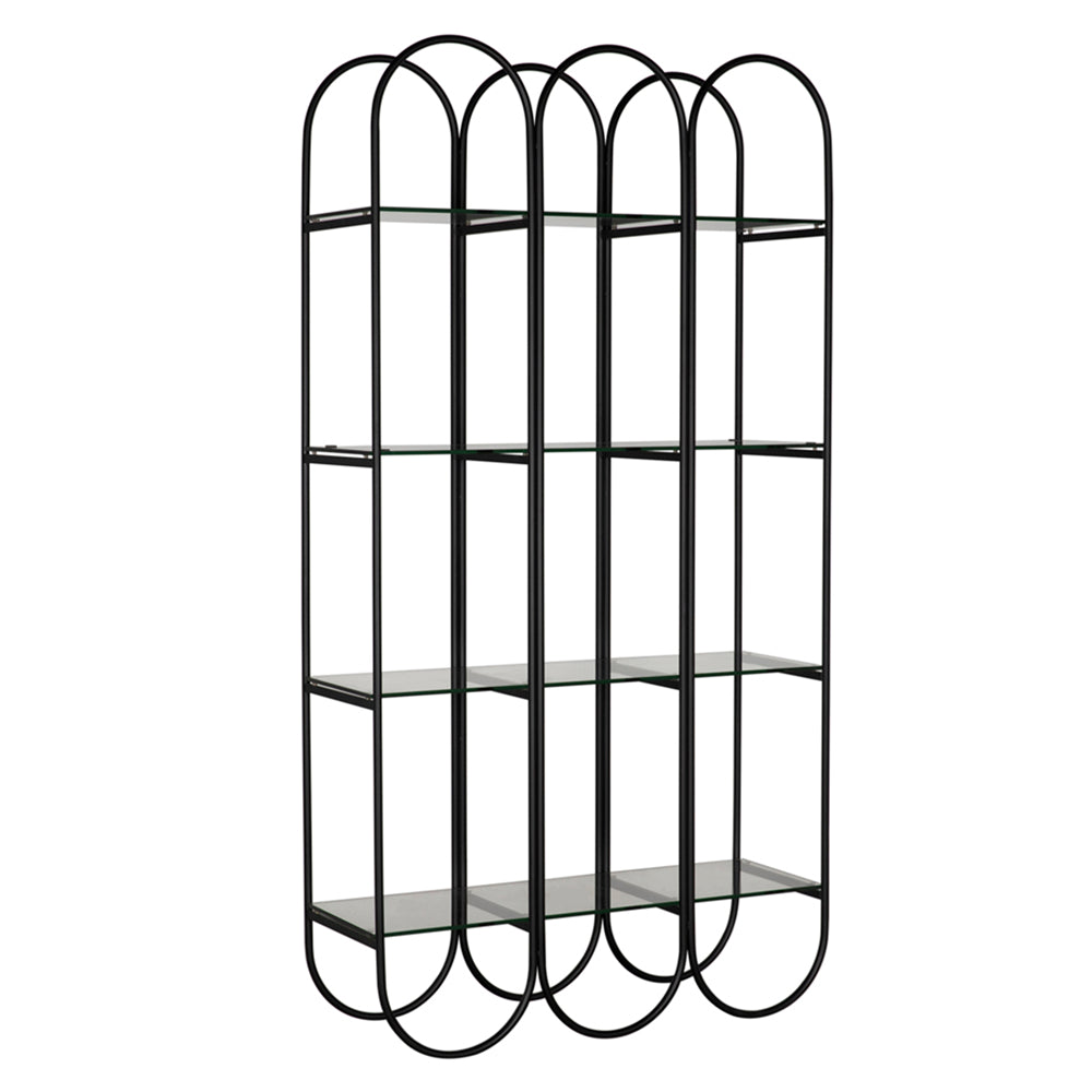 The Ulla Bookcase is a modern black steel and glass piece with four vertical oval arches and three glass shelves, offering a geometric and minimalist design.