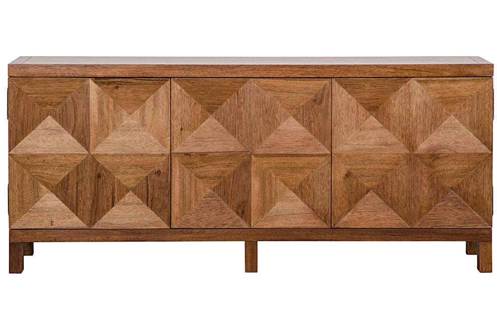The Quadrant 3 Door Sideboard in dark walnut features three cabinet doors with diamond-patterned geometric carvings. Artisan crafted, its natural finish highlights the wood’s rich grain and texture.