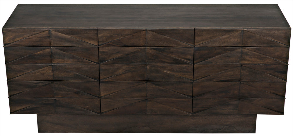 The Drake Sideboard in Ebony Walnut features a hand-carved chevron pattern on six drawers, offering sophisticated storage. Its rectangular silhouette and solid base bring timeless elegance to any space.