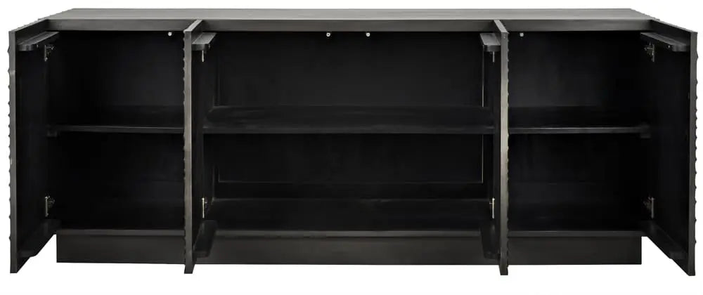 The Black Mahogany Sideboard (80W x 22D x 32H) features three open compartments, each with shelves and doors, offering spacious interior storage.