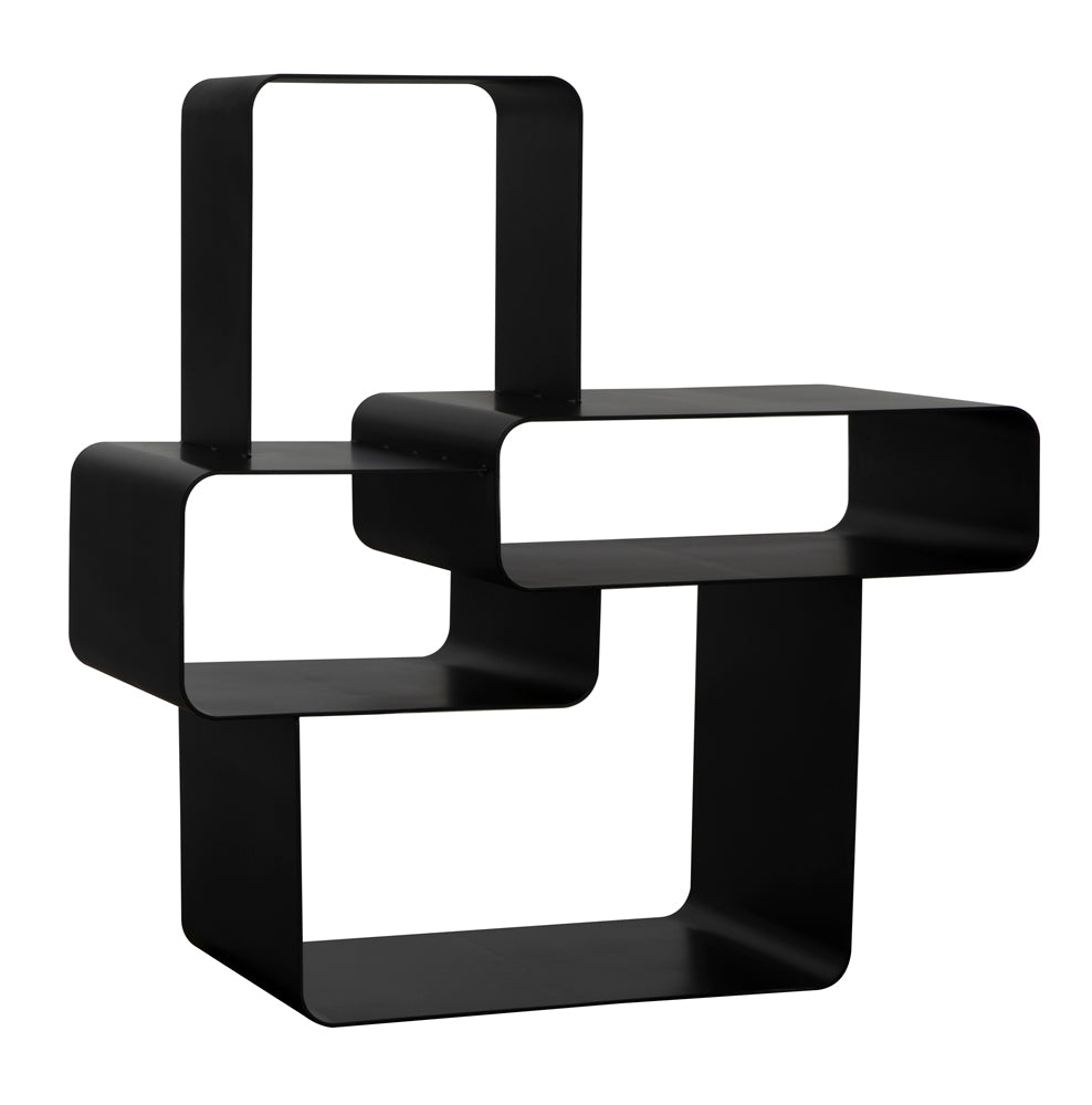 The Latisia Shelf features two interconnected rectangular frames in a modern matte black finish, offering an open geometric design that's ideal for displaying books or small items in a contemporary living space.