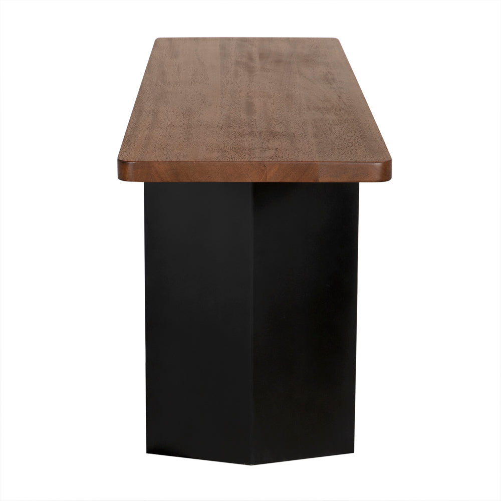 The Delta Console with Metal Base features a thick rectangular wooden top and a sturdy black geometric metal base, shown from the end against a white background—highlighting its modern design.