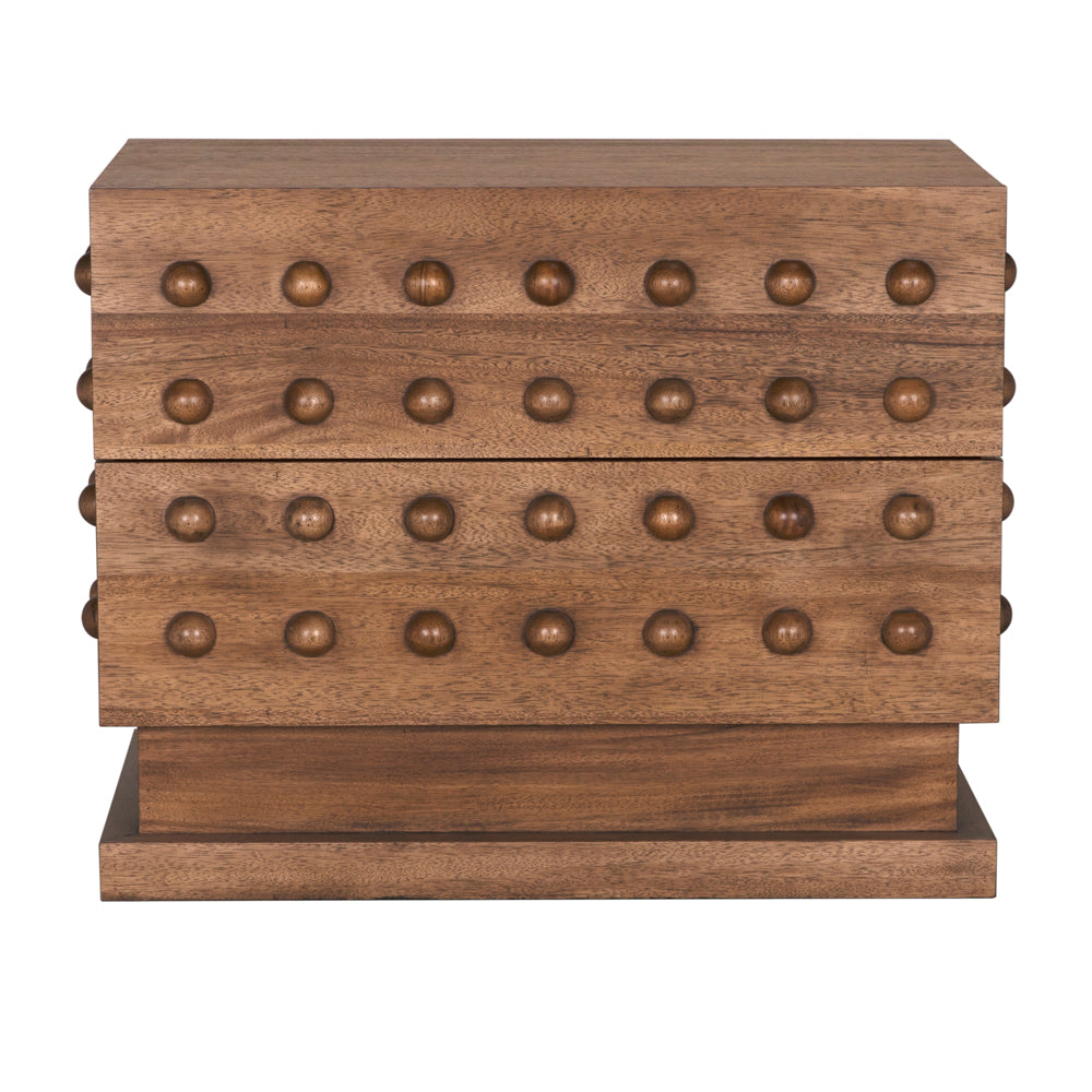 The Didier Sideboard, Dark Walnut, features three drawers with evenly spaced round knobs on the front and sides, and stands firmly on a rectangular base in a rich dark walnut finish.