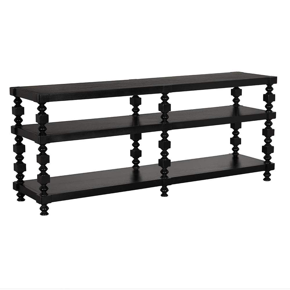 The Mahogany Shelving Console is a black, three-tier table with ornate turned legs and open shelves, offering stylish storage that complements any modern office or 73-inch desk setup. Shown against a white background.