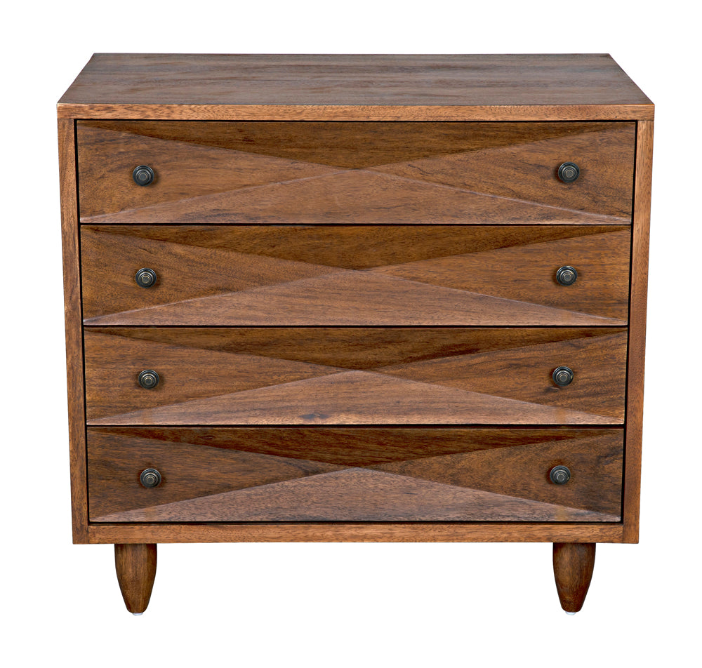 The Diamond Chest, Dark Walnut is a mid-century modern dresser with four drawers featuring diamond-shaped carvings and round metal knobs. It stands on two tapered legs and has a smooth, natural dark walnut finish.