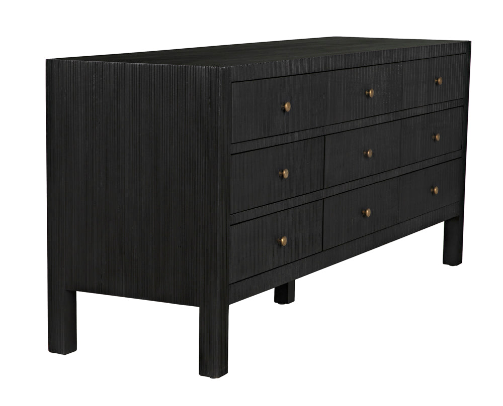 The Conrad 9 Drawer Dresser in pale solid hardwood features nine drawers with round metal knobs, a modern minimalist look with vertical grooves, and stands on four straight legs—a stunning example of handcrafted furniture.